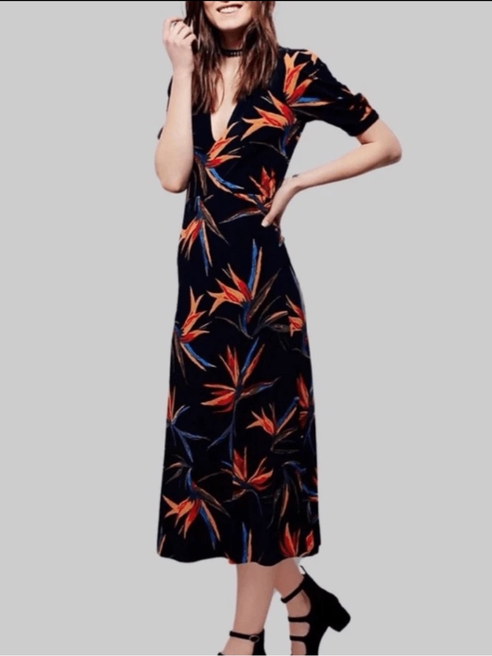 0108.NEW Free People Bird of Paradise Black Midi Dress with Orange & Blue Floral